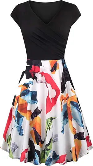 YMING Womens 1950s Vintage Floral Print Wrap Dress A Line Flared Swing Dress Cocktail Party Pleated Dresses