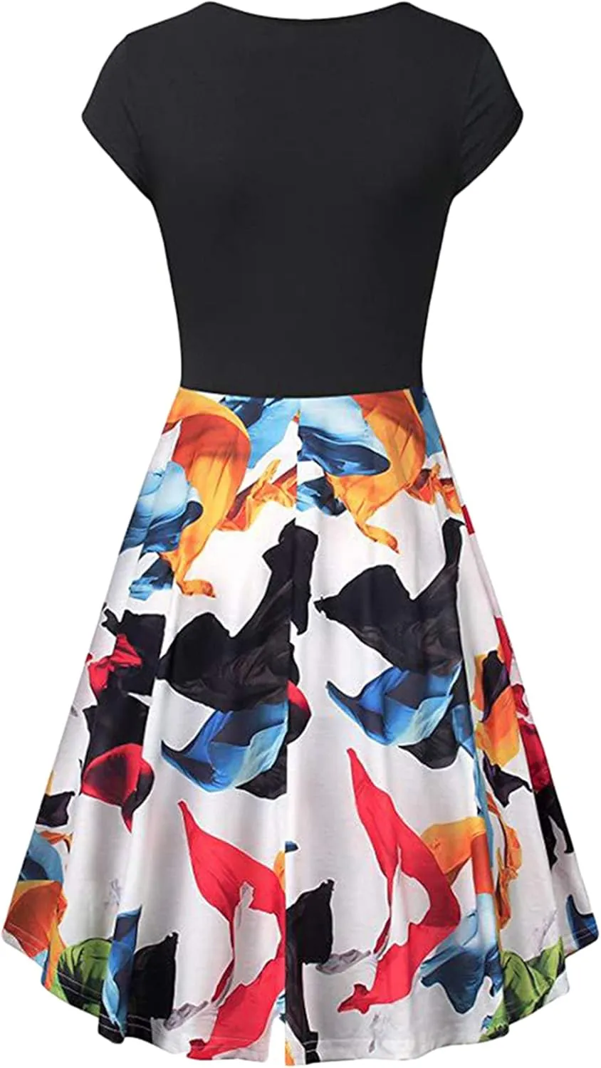 YMING Womens 1950s Vintage Floral Print Wrap Dress A Line Flared Swing Dress Cocktail Party Pleated Dresses